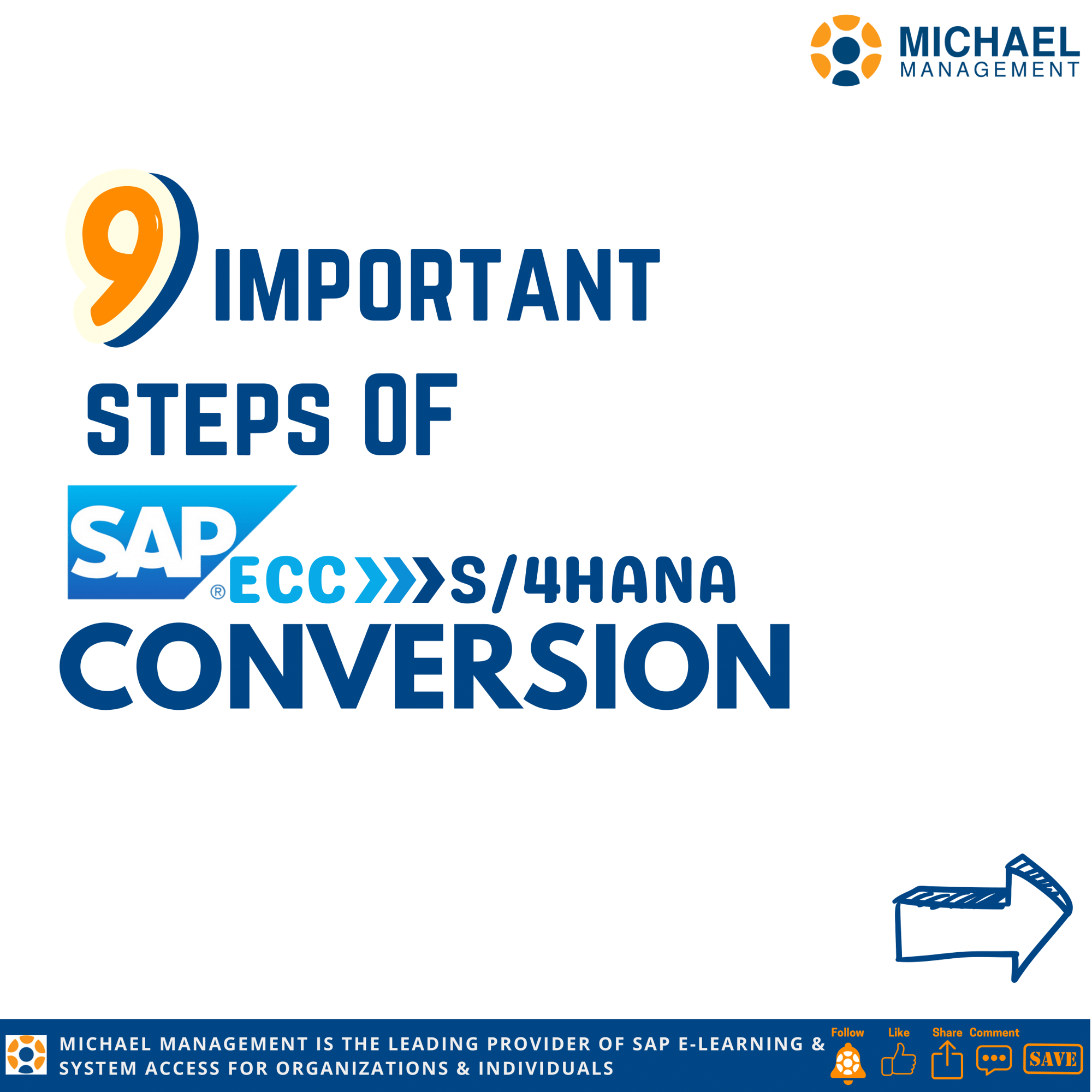 An infographic showcasing the 9 key steps in converting an SAP ECC system to the latest S/4HANA version, highlighting critical preparation and execution phases.