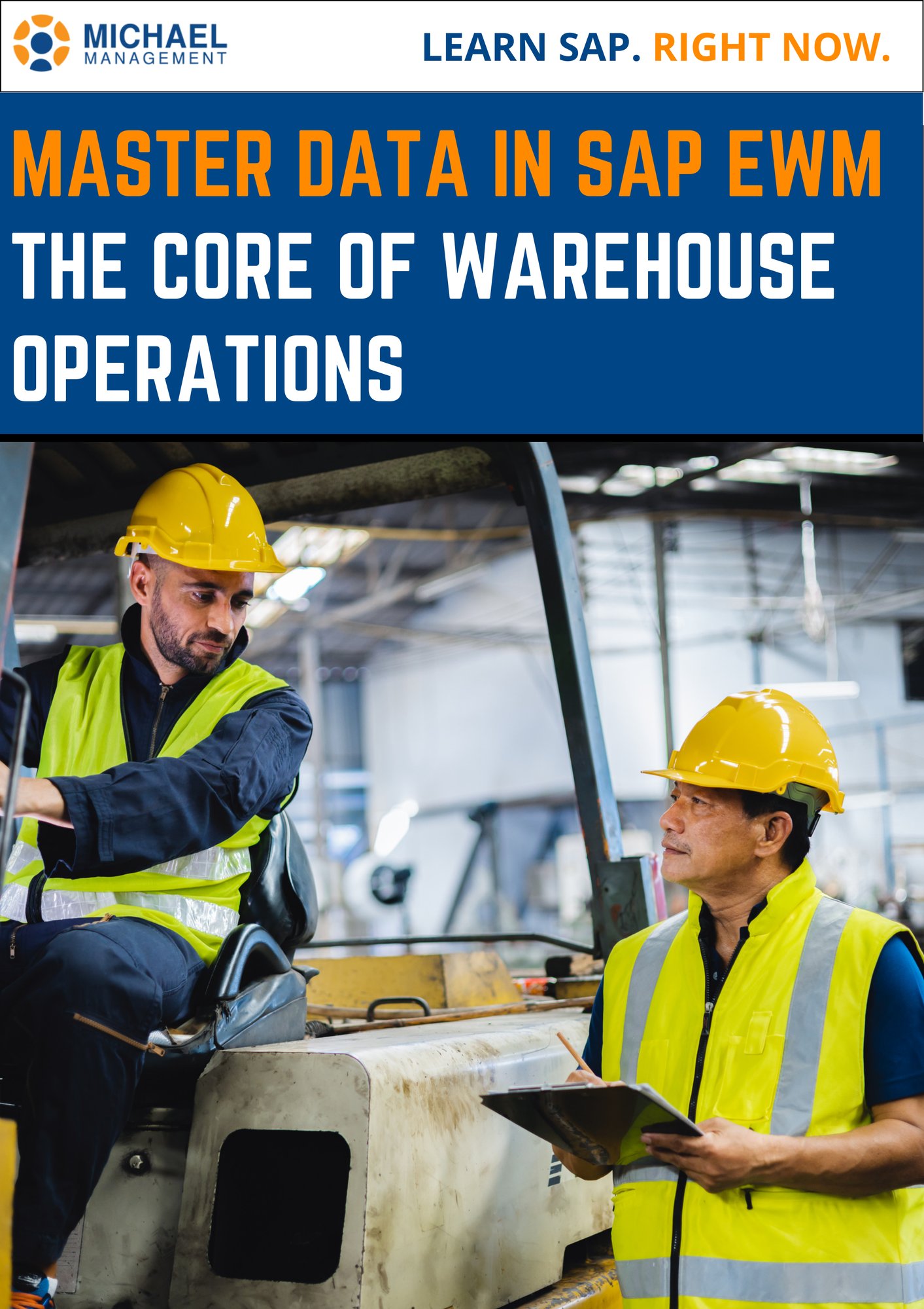 Illustration of organized warehouse with labels for different master data components like warehouse structure, product information, and resources.