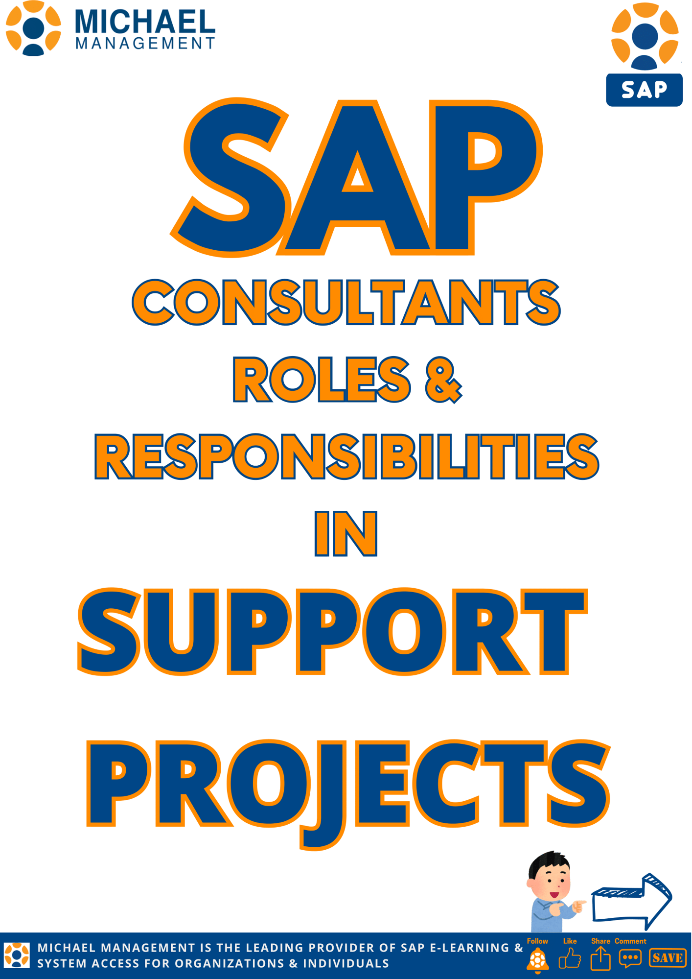 Illustrated infographic outlining SAP consultant roles in AMS support projects: issue handling, system monitoring, enhancements, user training, and root cause analysis.