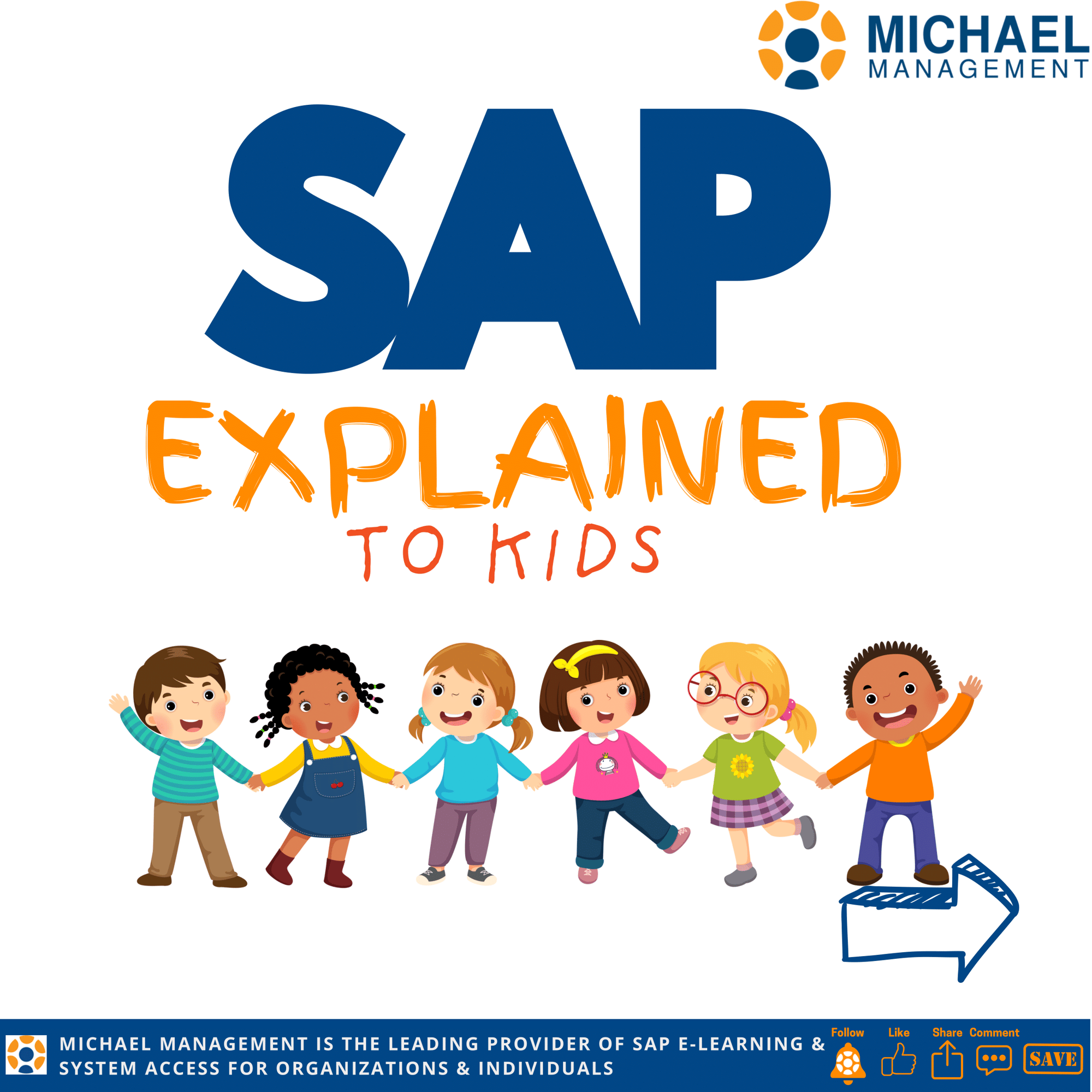 Illustration showing a child holding a toolbox labeled “SAP,” with icons representing different modules like finance, sales, HR, and warehouse.