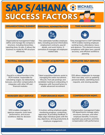 Comprehensive infographic illustrating the 9 essential elements of the SAP S/4HANA HCM module, optimizing HR operations for maximum organizational impact.