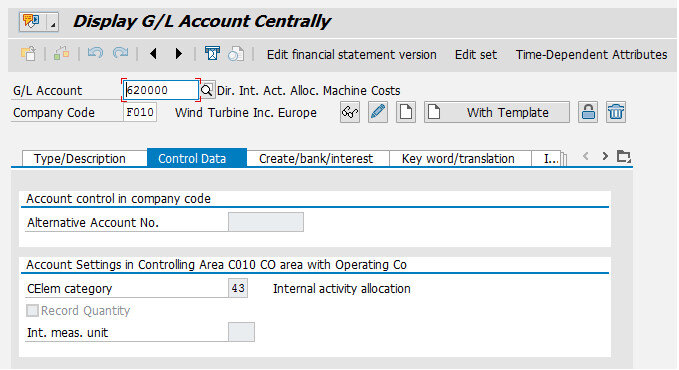 Control data for G/L account showing cost element category for secondary costs