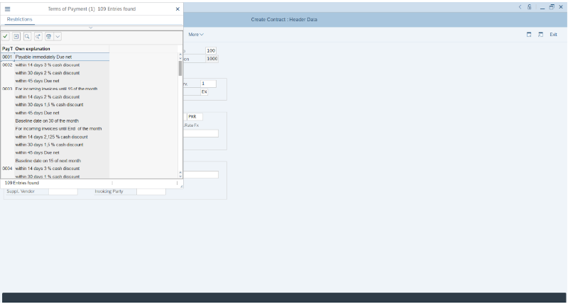 Create Contract - Terms of Payment