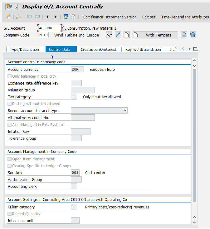 Control data for G/L account showing the cost element category for primary costs