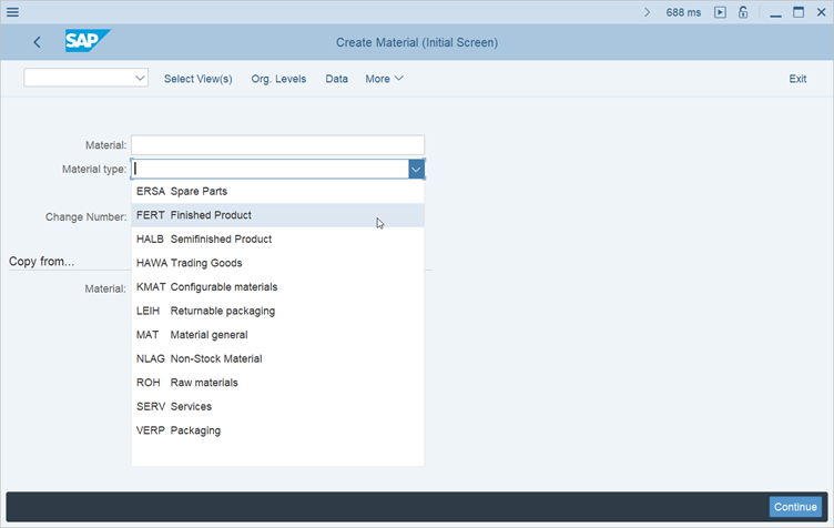 Figure 1: Selecting material type during material creation in MM01